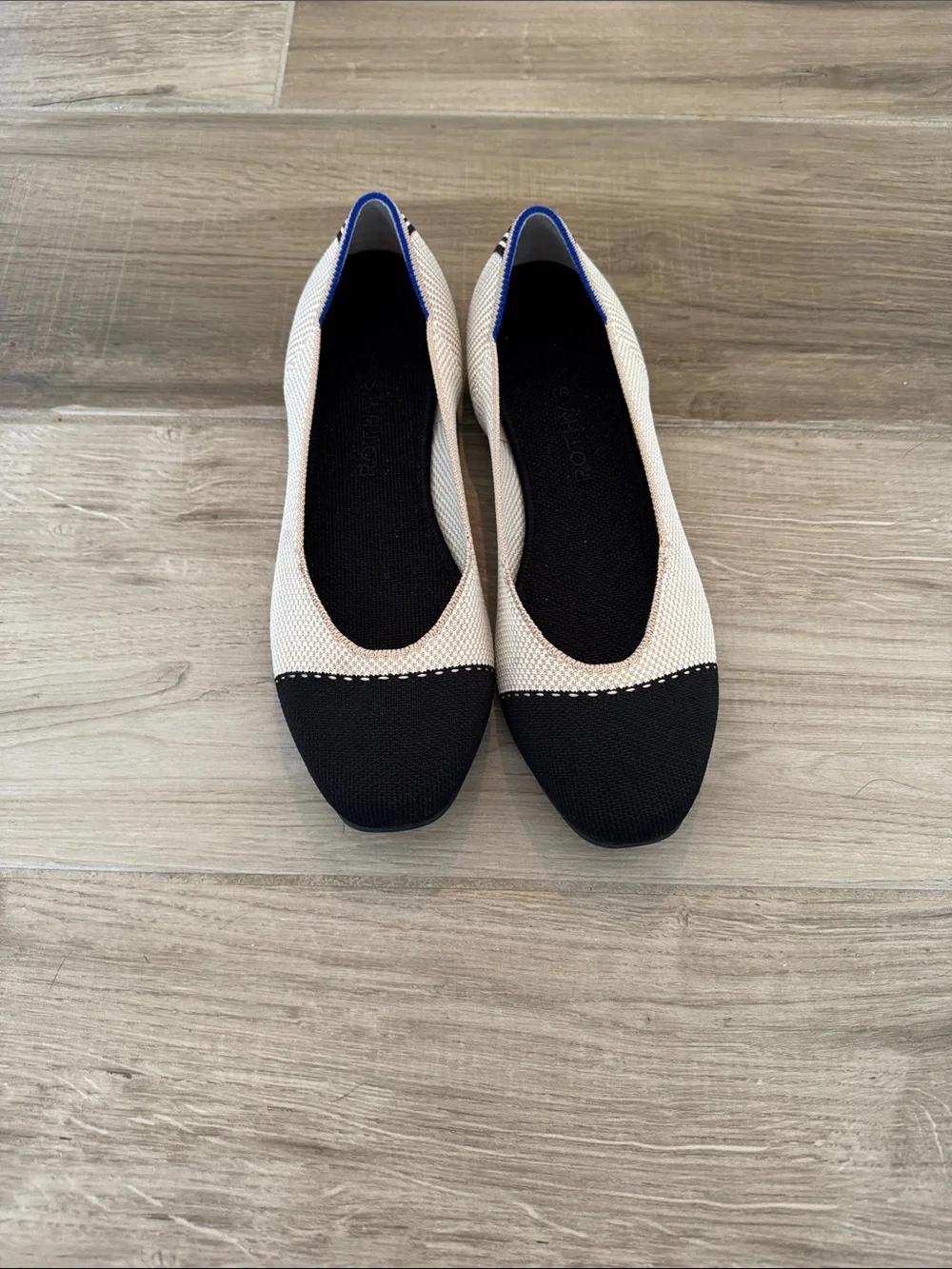 Rothy’s 9 The Square Tuxedo cream and black ballet flats